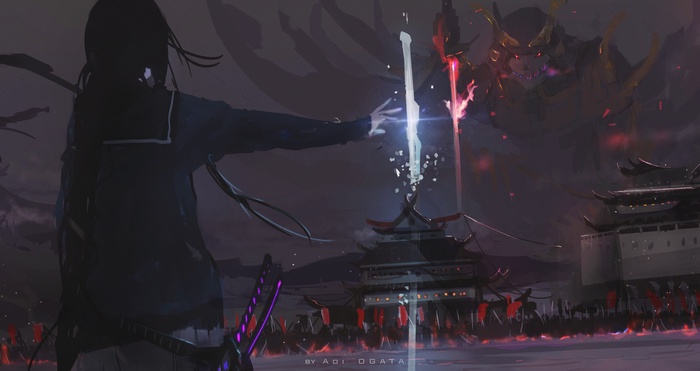 Girl with katana facing a demon in front of a Japanese castle