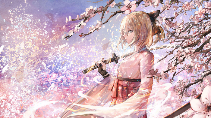 Anime girl with sword among cherry blossoms