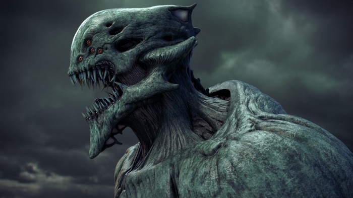 Creepy creature with multiple eyes and sharp teeth