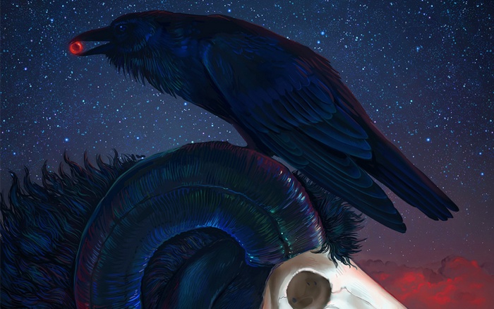 Raven holding a red orb on a sheep skull under starry sky