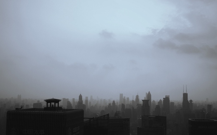 Shanghai skyline in monochrome fog