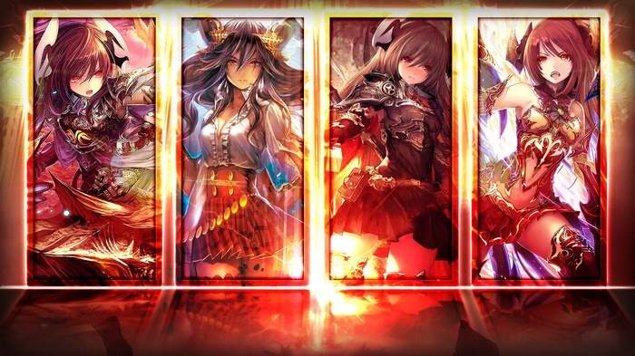 thigh-highs, open mouth, anime, brunette, long hair, red skirt, anime girls, Shadowverse, sunset, detached sleeves, armor, red, dress, skirt, collage, red eyes, short skirt