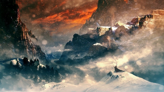 Fantasy art of a wolf howling in a snowy mountain pass