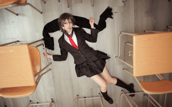 socks, lying down, cosplay, school, Asada Shino, schoolgirl, Sinon (Sword Art Online), Ely Cosplay (Eeelyeee), Asian, glasses, women, legs, school uniform, women with glasses, skirt
