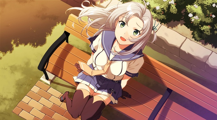 Anime girl in school uniform sitting on a park bench