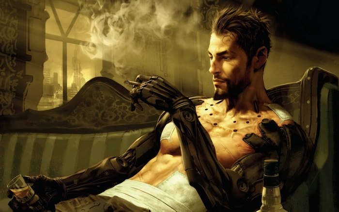 Adam Jensen from Deus Ex: Human Revolution smoking and drinking