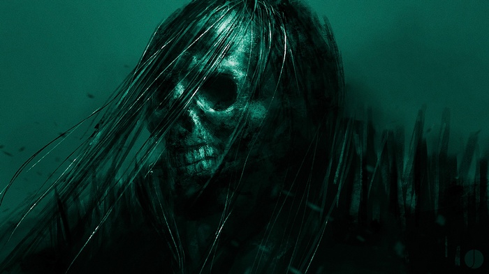 Creepy skull warrior with flowing strands
