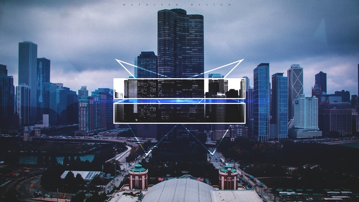 Digital art of Chicago skyline with geometric overlay