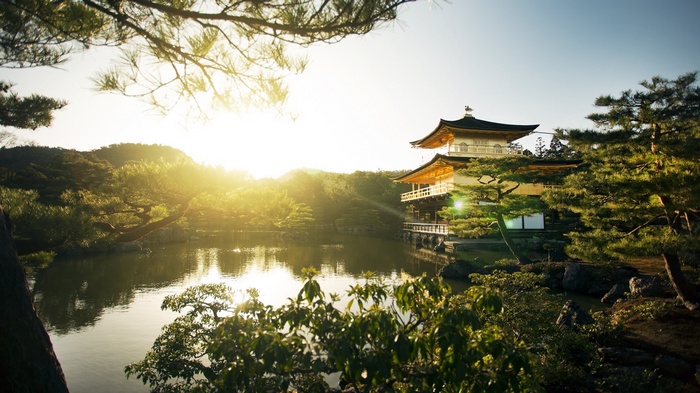 Golden Pavilion temple reflected in a pond in Japan