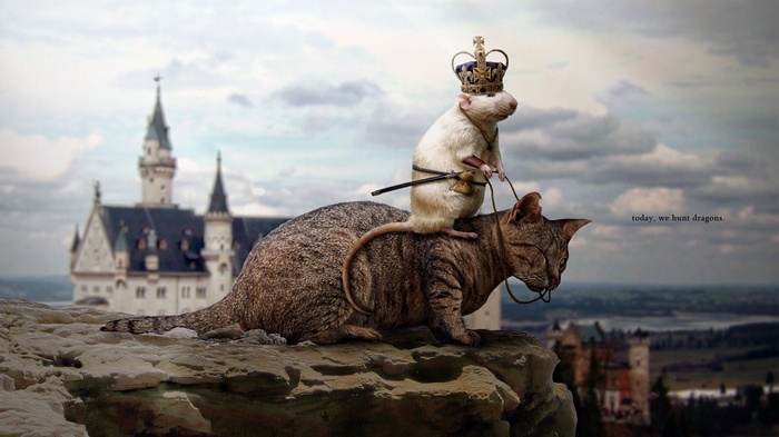 Rat King riding a cat with a castle in the background