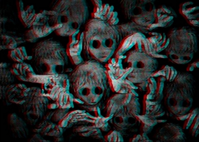 Creepy children with large eyes in a horror scene