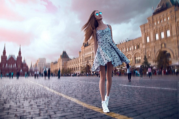 Woman in dress and sunglasses in Moscow