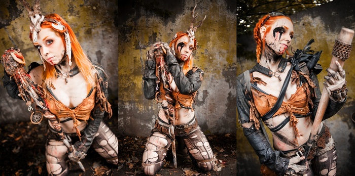 Redhead fantasy woman in post-apocalyptic attire