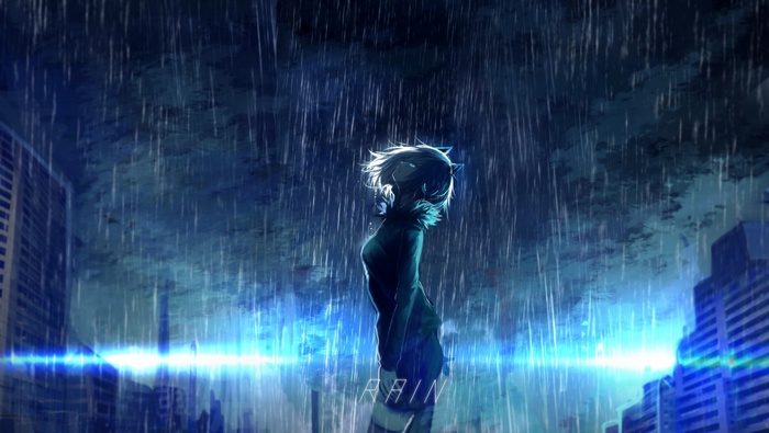 Anime girl standing in the rain at night