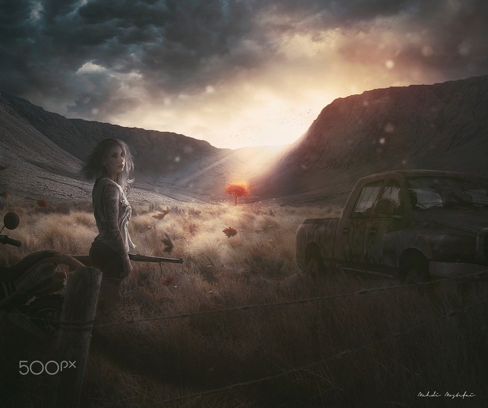 Woman with rifle near abandoned truck in landscape