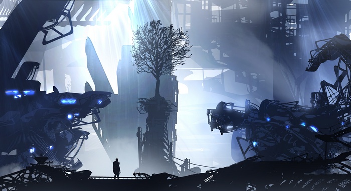 Futuristic ruins with a lone figure and a tree