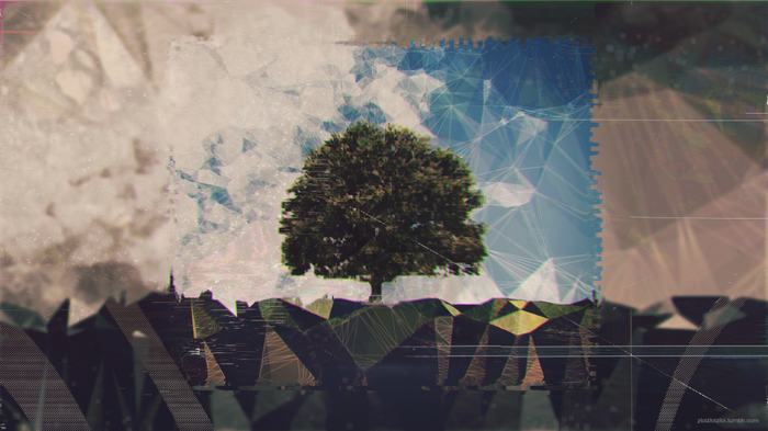 Abstract digital art with a tree and low poly landscape