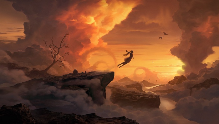 birds, digital art, trees, cliff, sky, women, jumping, clouds, flying