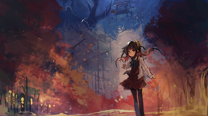 Anime girl in a dark forest during fall