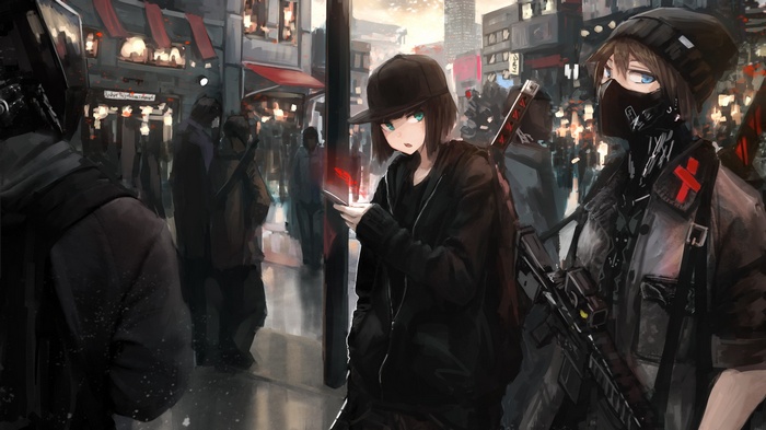Anime girls with guns and katanas in a city