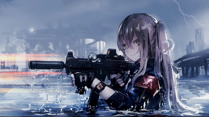 Anime girl with SMG in water