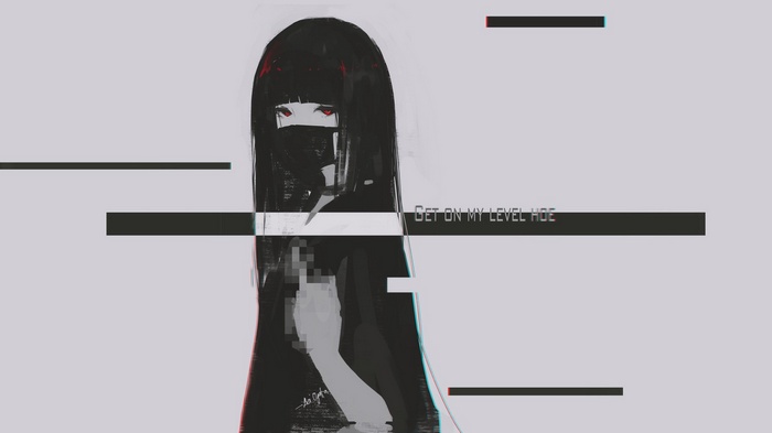digital art, Aoi Ogata, red eyes, original characters, looking at viewer, anime girls, hate-chan, middle finger, black hair, mask