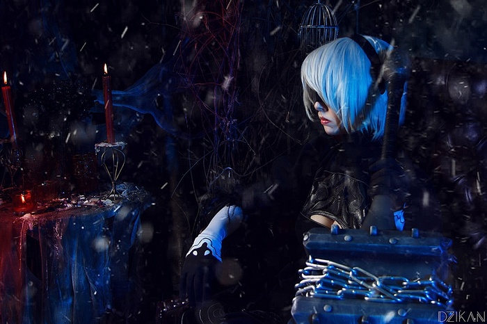 Helly von Valentine, black dress, blindfold, 2B (Nier: Automata), cosplay, model, NieR, Nier: Automata, Disharmonica, white hair