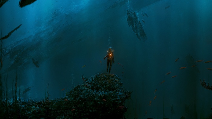 Artwork of a diver underwater with debris