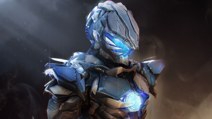 Blue armored robot warrior with glowing eyes