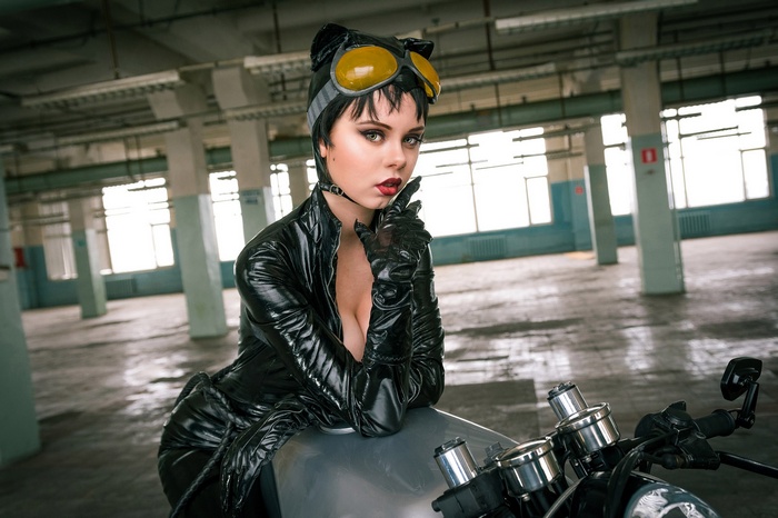 Catwoman cosplay on a motorcycle