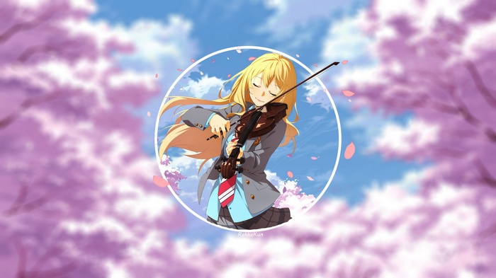 Shigatsu wa Kimi no Uso, anime girls, anime, Miyazono Kaori, violin, cherry blossom