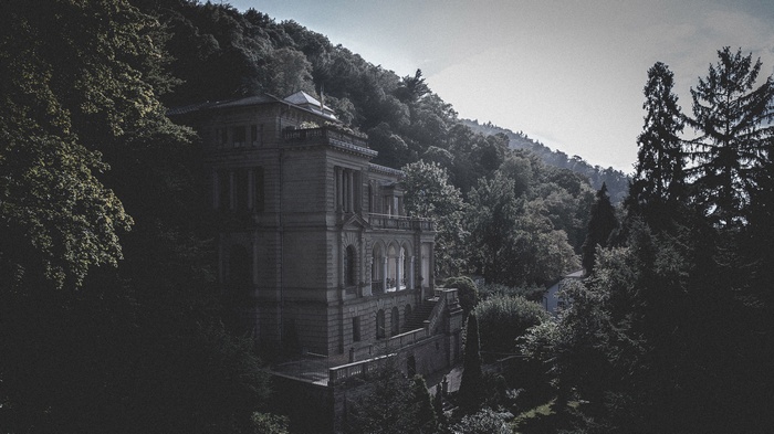Stone mansion on a forested hillside