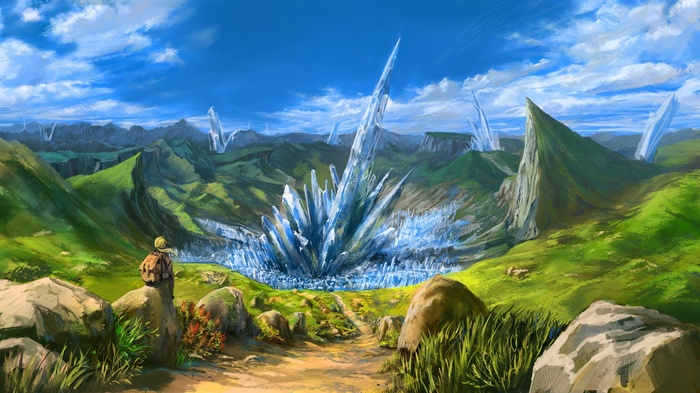 Fantasy landscape with giant crystals and a lone traveler