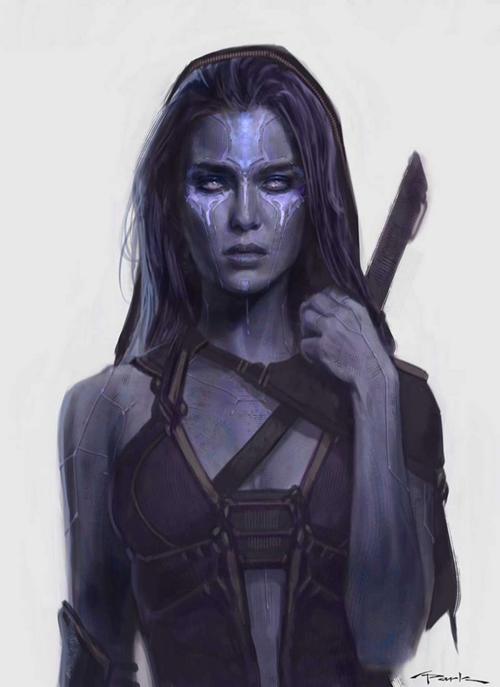 Concept art of a female warrior with purple skin