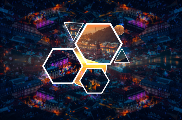 Cityscape with geometric overlays and celestial bodies