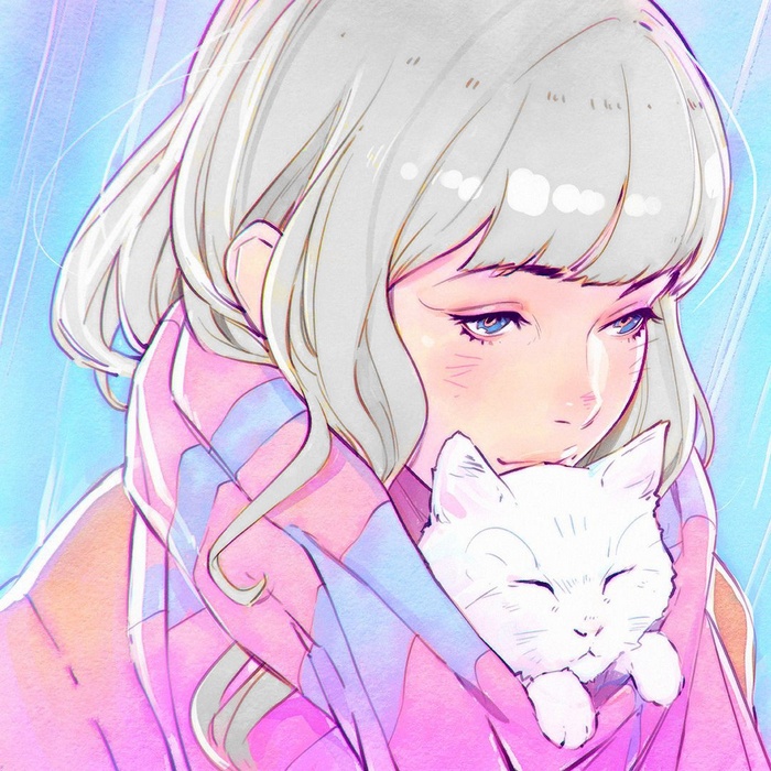Anime girl with white cat