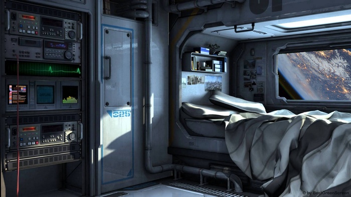 Interior of a spaceship cabin with Earth view