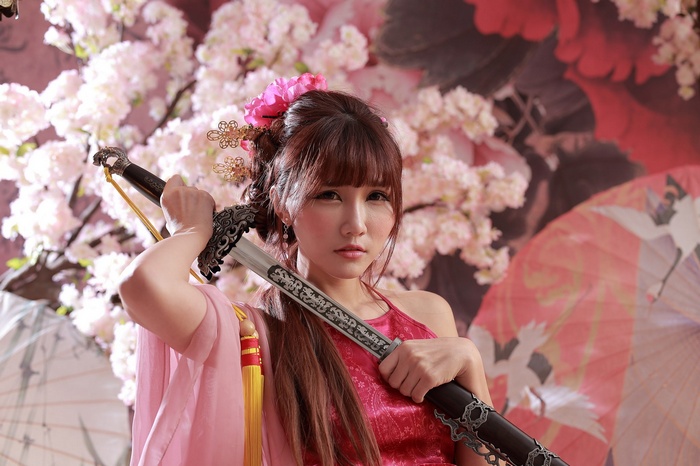 women, straight hair, sword, Ji Xin Qiao, Asian, cosplay, redhead, barrette, long hair