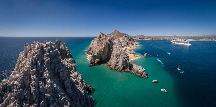 Aerial view of Cabo San Lucas with cruise ship and boats
