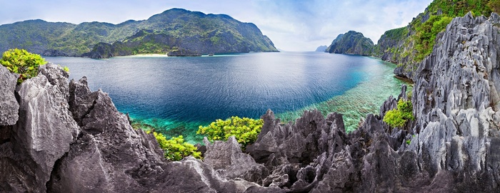 Panoramic view of a tropical island lagoon with limestone cliffs