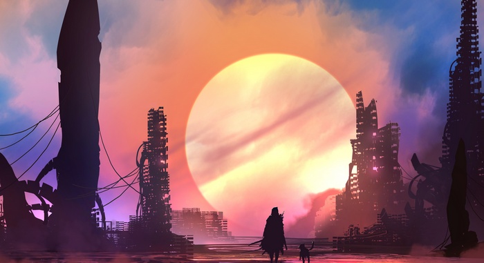 Post-apocalyptic cityscape at sunset with lone traveler and dog