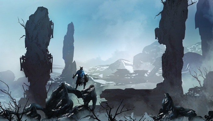 Warrior in a desolate fantasy landscape