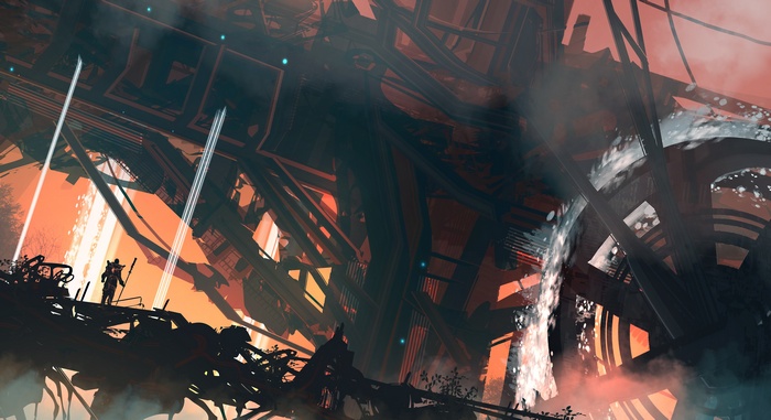 Warrior with spear in a desolate industrial landscape