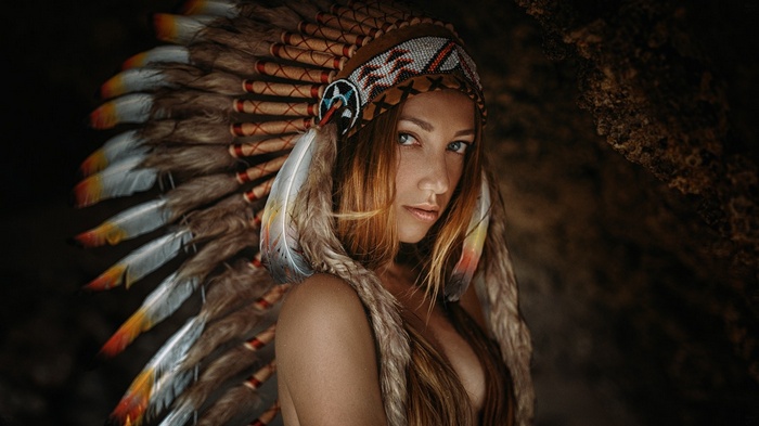 model, face, Margo Zhuravlyova, long hair, Georgy Chernyadyev, redhead, women, gray eyes, 500px, looking at viewer, headdress