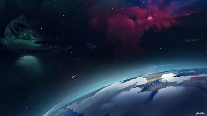 Digital artwork of Earth from space with nebulae and planets