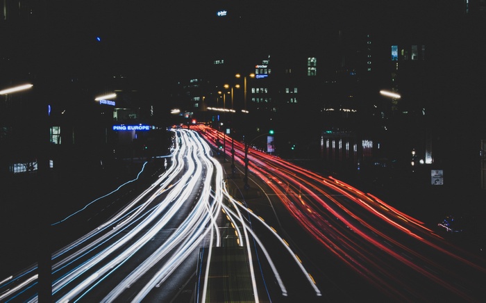 City street at night with light trails