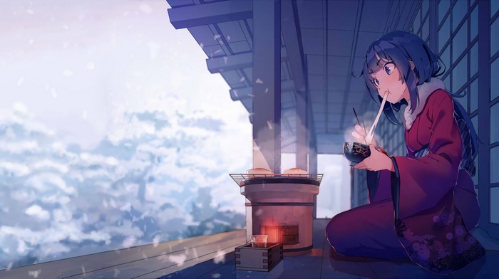 Anime girl in kimono eating by a grill in the snow