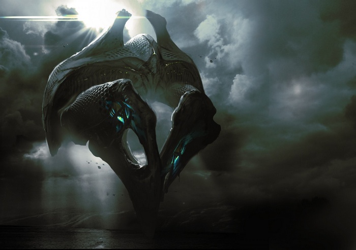 Alien creature hovering over water with dramatic clouds