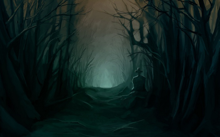 Dark misty forest with a gravestone