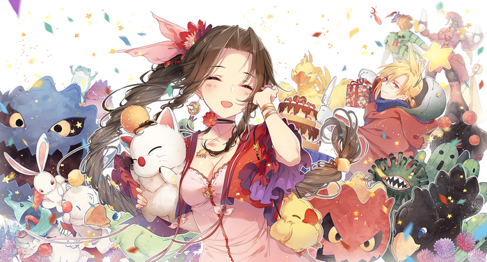 Aerith and Cloud from Final Fantasy VII with Moogles and Chocobos